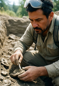 Archaeology and historical research, professional archaeologist excavating ancient artifacts and pottery shards at a dig site in the field