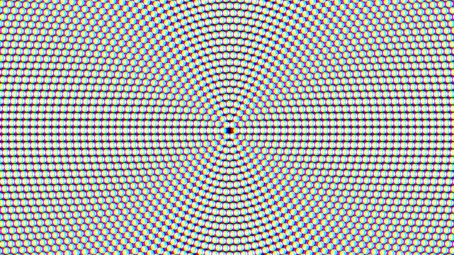 Concentric circles of tiny RGB pixel dots form a circular LED screen pattern with subtle chromatic aberration in a 3D animation
