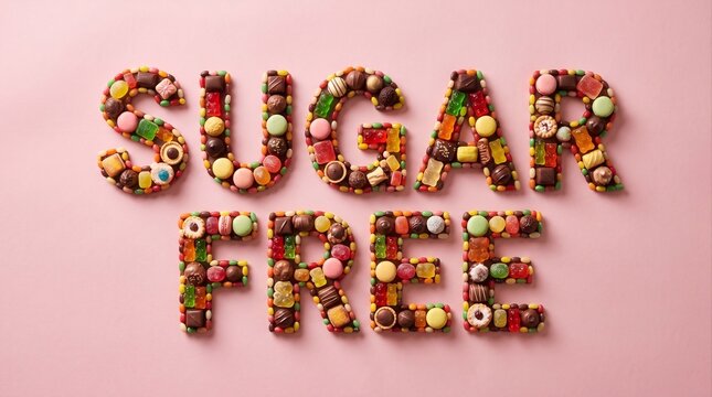 Text 'Sugar Free' made of chocolate candies gummy bears and macarons on pastel pink background for healthy confectionery and diet food concept