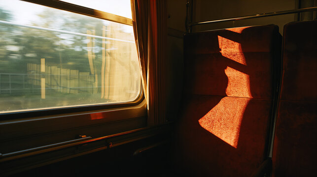 Train compartment with velvet seat brass luggage rack and curtain moving in sunlight with nostalgic calm quiet mood generative AI