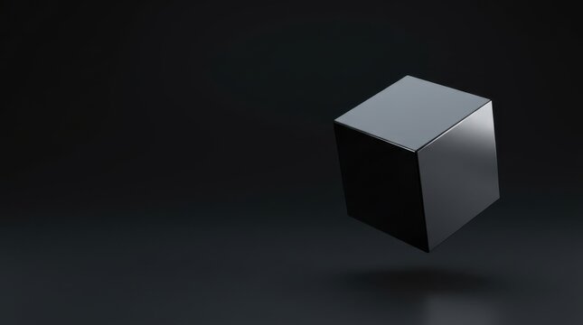 Single black metallic cube floating with subtle shadow in dark space.