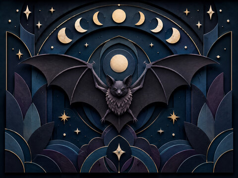 Dramatic dark fantasy illustration of a black bat with outstretched wings beneath decorative golden moon phases. Symmetrical gothic composition featuring celestial symbols, midnight blue tones and mys