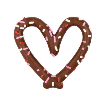 Delicious chocolate-covered pretzel shaped like a heart, adorned with colorful pink, red, and white sprinkles, isolated on a clean white background