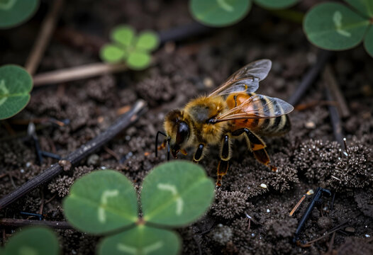 Pollination and biodiversity, honey bee foraging on soil with clover leaves in a garden, environmental conservation and ecosystem health concept
