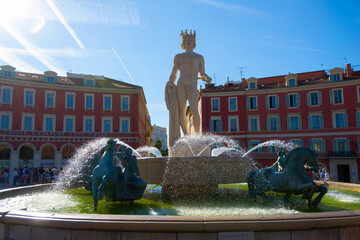 Sunlit Fountain of the Sun in Place Massena Nice France © dejtan05