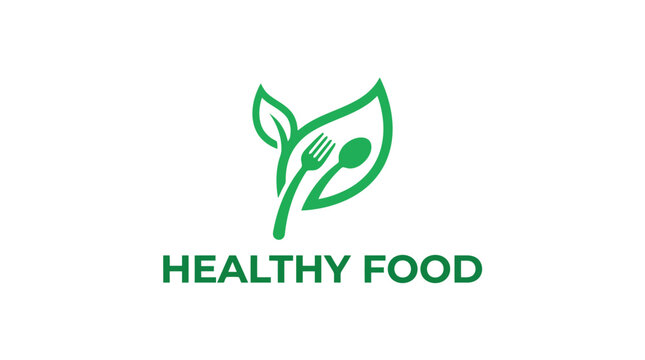 Green leaf with fork and spoon logo for healthy food.