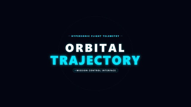 Futuristic cybernetic orbital trajectory interface graphic design display featuring glowing cyan letters against dark black background