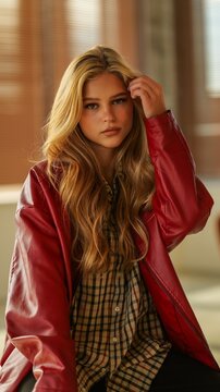 Young woman with blonde hair wearing a red leather jacket and a plaid shirt in a portrait