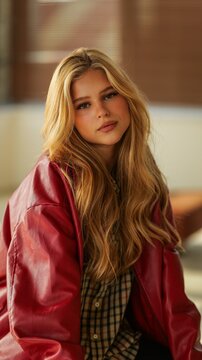 Portrait of a young woman with long blonde hair wearing a stylish red leather jacket indoors