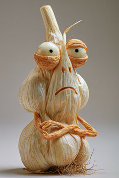 food cartoon garlic character with drooping striped eyes crossed arms and sad mouth, photorealistic