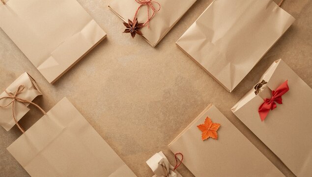 Paper bags tied to string, a collection of everyday items wrapped and ready for use