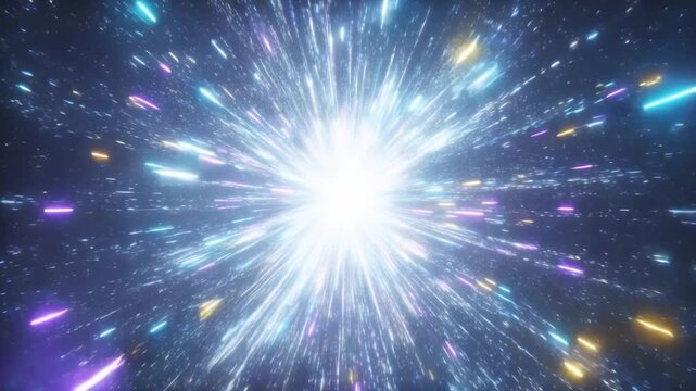 Bright central light burst sends colorful streaks outward through a deep space starfield