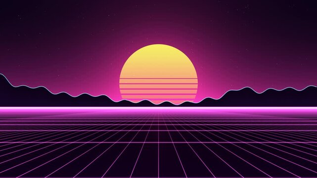 Retro 80s synthwave sunset with striped sun, mountains and endless neon grid, seamless loop