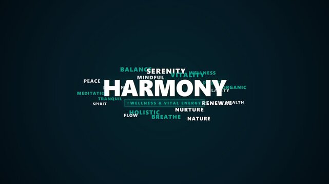Harmony word cloud typography concept displaying wellness and serenity terms against dark background
