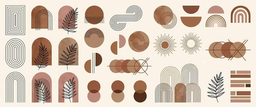 Modern mid-century boho abstract geometric and botanical design element set. Terracotta, terracotta and beige textured shapes with minimalist line art ferns and sunbursts isolated on a light cream bac