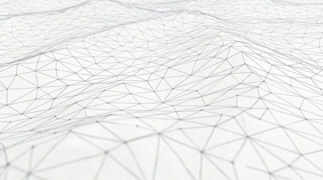Abstract geometric wireframe mesh grid featuring interconnected white triangles and dark nodes creating dynamic digital waves