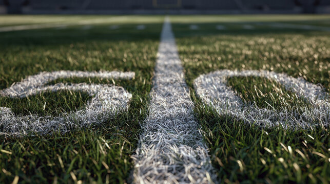 american football field close up view of fifty yard line marked on green grass stadium field blurred background sports competition championship game day turf texture low angle selective focus