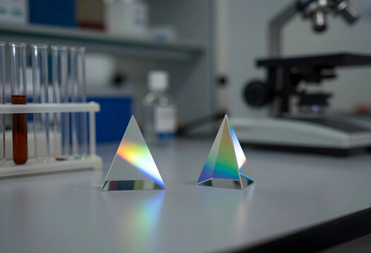 Scientific research and light refraction, glass prisms with rainbow spectrum on laboratory desk with test tubes and microscope for physics experiment