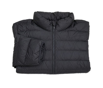 Dark grey quilted puffer jacket with a high collar and full zipper, neatly folded on a white background