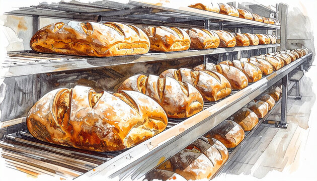 Freshly baked bread line in bakery sketch