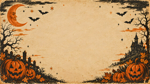 Vintage Halloween Parchment Paper Frame with Crescent Moon Face, Flying Bats, Carved Pumpkins, and Haunted Mansion Background   