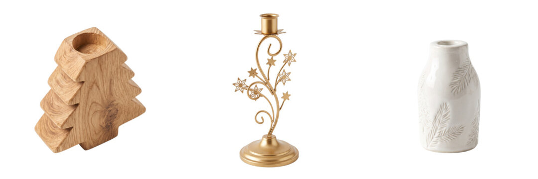Wooden Christmas tree candle holder gold ornate candlestick white embossed vase isolated on a transparent background