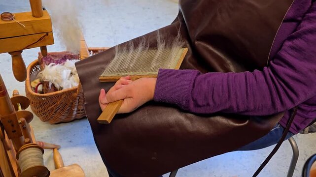 A woman uses two toothed wool carders to prepare raw sheep wool for spinning. Soft fibers are combed and gathered into a fluffy bundle. Norway, Alver. Oktober