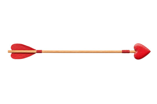 Charming red heart-shaped Cupid's arrow with a wooden shaft and textured fletching, isolated on a clean white background