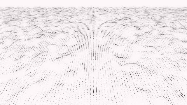 Abstract digital landscape with moving particle waves on white background dynamic wave pattern formed