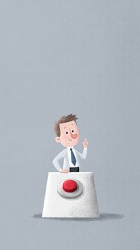 Illustration of a cartoon businessman standing beside a large red button, suggesting decision making or taking action in a corporate context.