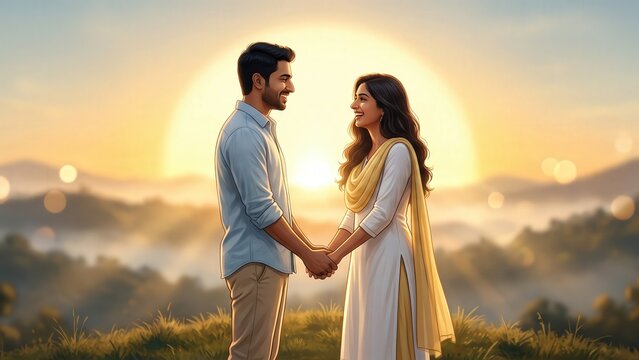 Indian Couple Holding Hands at Sunrise &ndash; Love and New Beginnings.