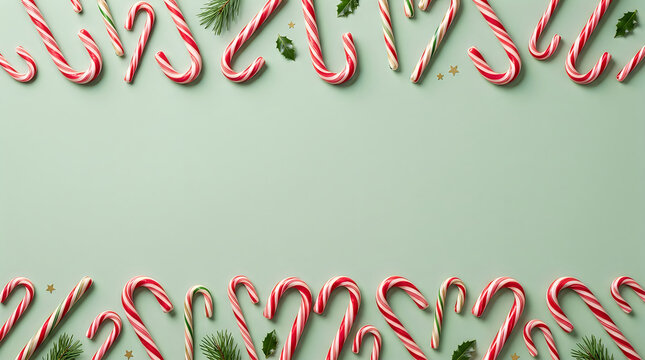 Candy cane border with festive greenery on pastel background
