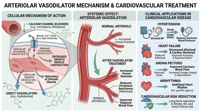 Arteriolar Vasodilator Mechanism and Cardiovascular Disease Treatment Explained Medical Infographic