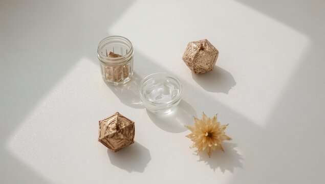 A simple table setting with a glass of water, a flower, and a candle