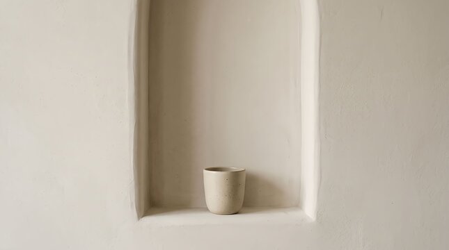 Minimalist beige pottery cup in wall niche