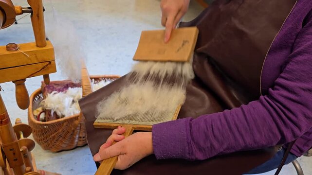  Preparing Sheep Wool by Hand with Two Traditional Wool Carders Norway, Alver. Oktoer