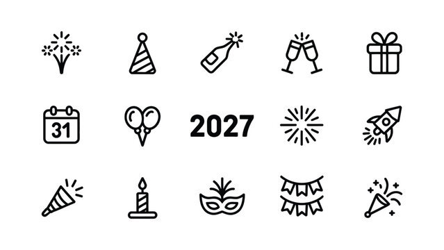 Year end celebration icons with festive symbols with festivities upcoming year white icons representing collection black white