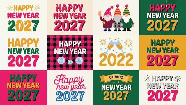 Colorful new year celebration designs featuring festive text and graphics for 2027 holiday greetings with styles decorative elements