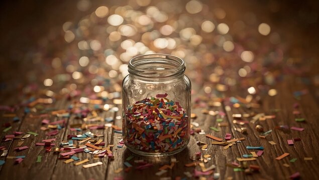 A glass jar filled with colorful confetti sprinkles, perfect for parties and celebrations