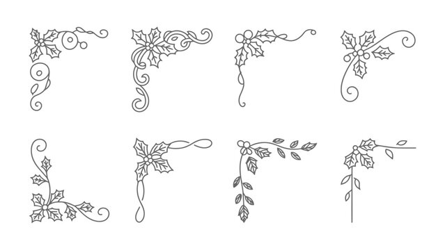 Elegant holiday themed decorative corner ornaments in intricate line art style with swirling decorative elements
