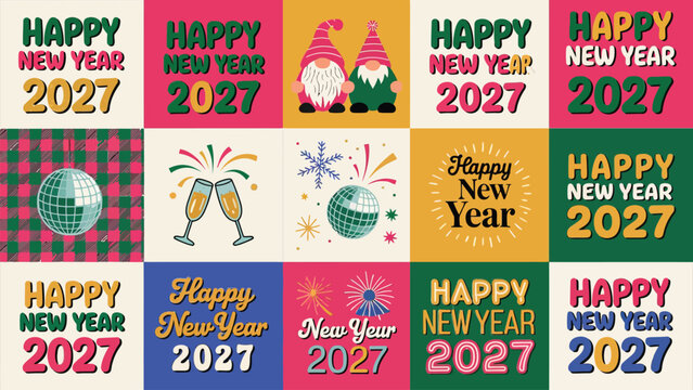 Colorful happy new year 2027 celebration designs with varied festive illustrations graphic cards cheerful bright graphic