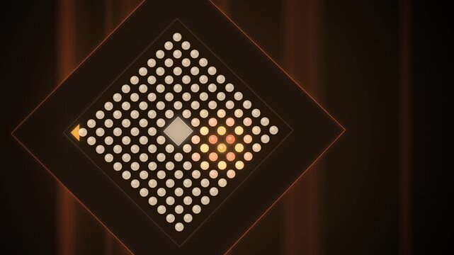 Orange ball grid array microchip with light waves perspective view