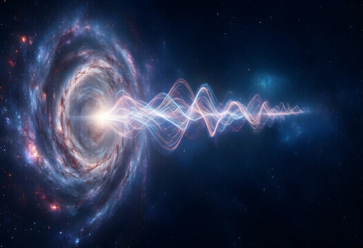 Black hole singularity and gravitational waves, cosmic energy emission and spacetime distortion in deep space with glowing light beams and nebula