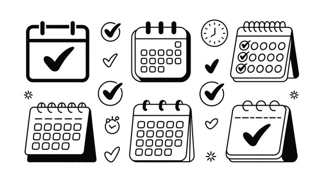 Completed tasks marked on monthly planners with schedules accompanied confirmation confirmation time symbols planners checked