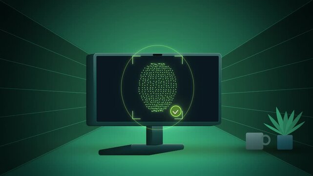 Teal desktop monitor face recognition unlock tilted view seamless loop