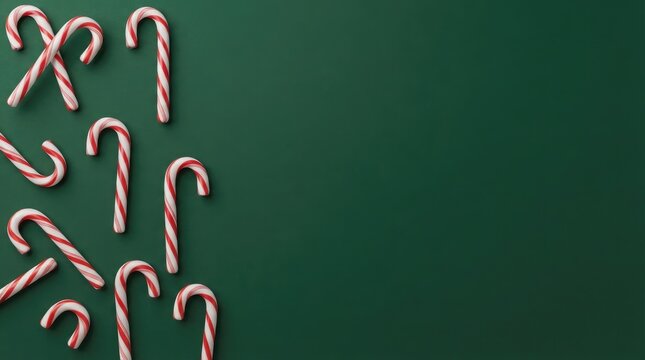 Scattered candy canes on dark green background