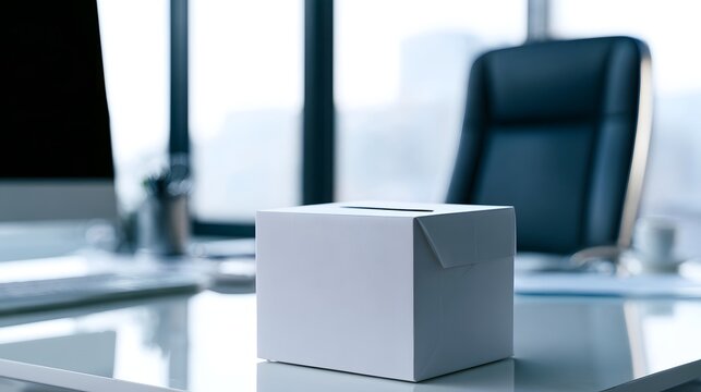 A white feedback box sits on a glass desk in a modern office with a black chair and window background