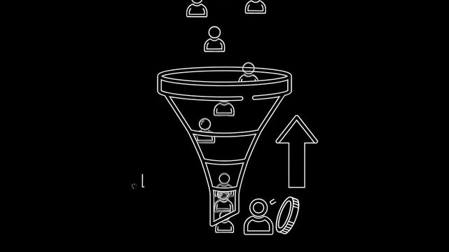 White line animation of a sales funnel with an upward arrow