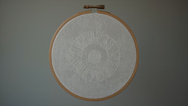 Close-up of embroidery on a wall, with intricate details and patterns
