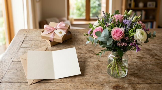Beautiful Gift Box Open Card and Floral Arrangement on Wooden Table Celebration and Gifting Concept